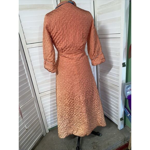 Vintage 50s 60s Orange Satin Quilted Zipper Front & Tie Robe Lined Full Length S - Picture 7 of 11